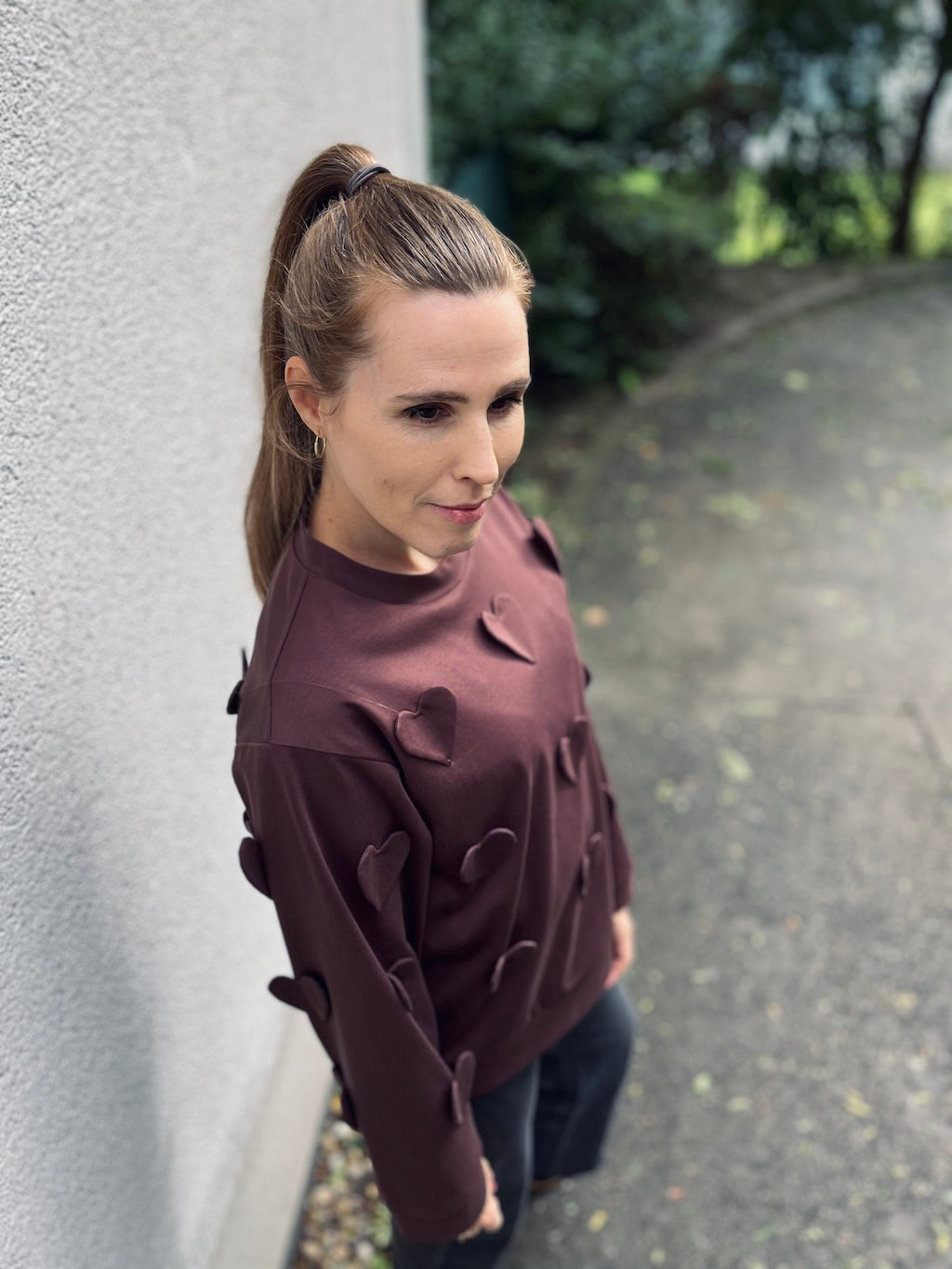 Handmade Organic Cotton Sweater – Hand-Stitched Hearts (Brown)