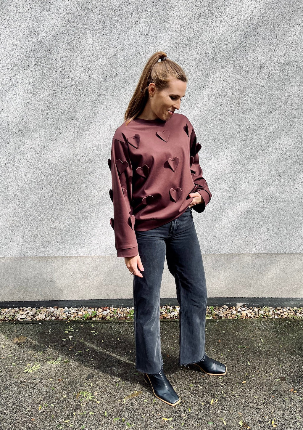 Handmade Organic Cotton Sweater – Hand-Stitched Hearts (Brown)