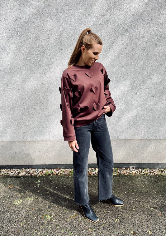 Handmade Organic Cotton Sweater – Hand-Stitched Hearts (Brown)