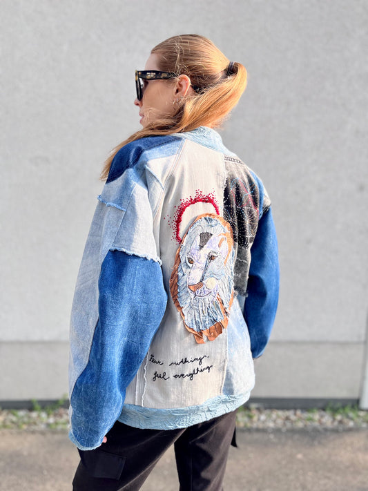 Denim Collage Art Bomber Jacket with Hand-Stitched Lion — Lined (Size M)