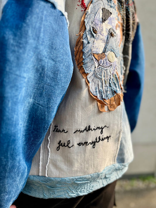 Denim Collage Art Bomber Jacket with Hand-Stitched Lion — Lined (Size M)