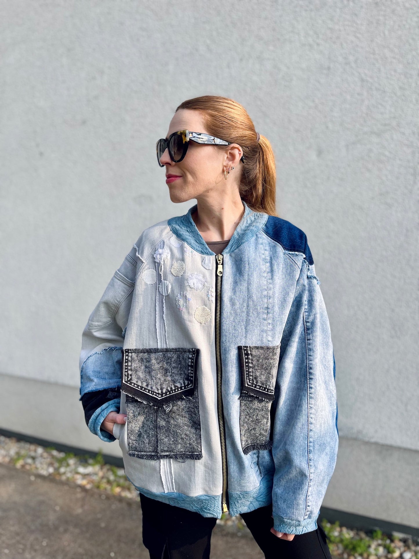 Denim Collage Art Bomber Jacket with Hand-Stitched Lion — Lined (Size M)