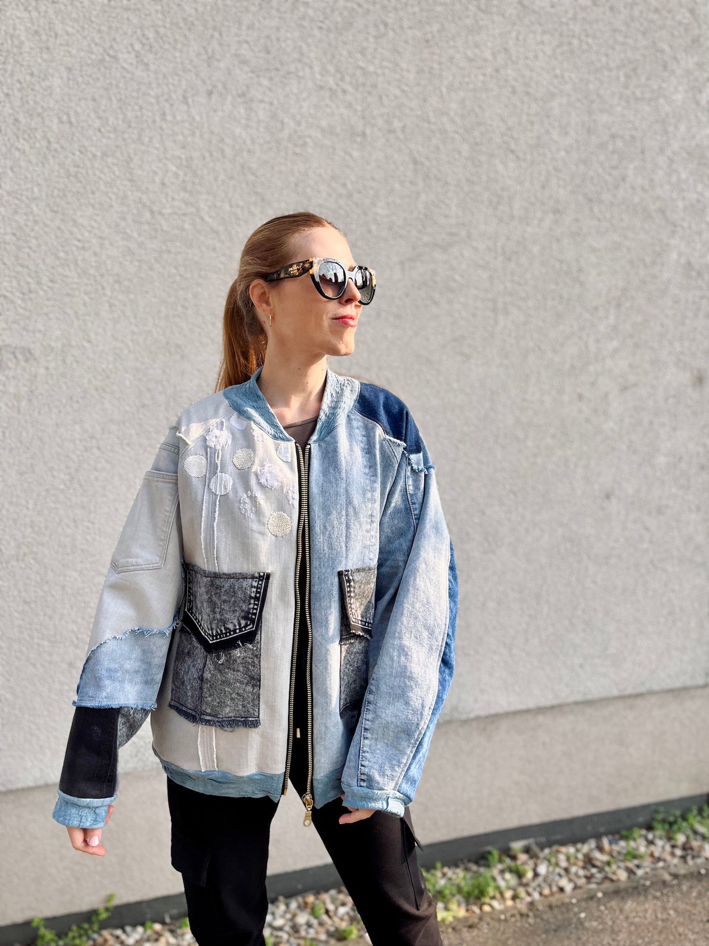 Denim Collage Art Bomber Jacket with Hand-Stitched Lion — Lined (Size M)