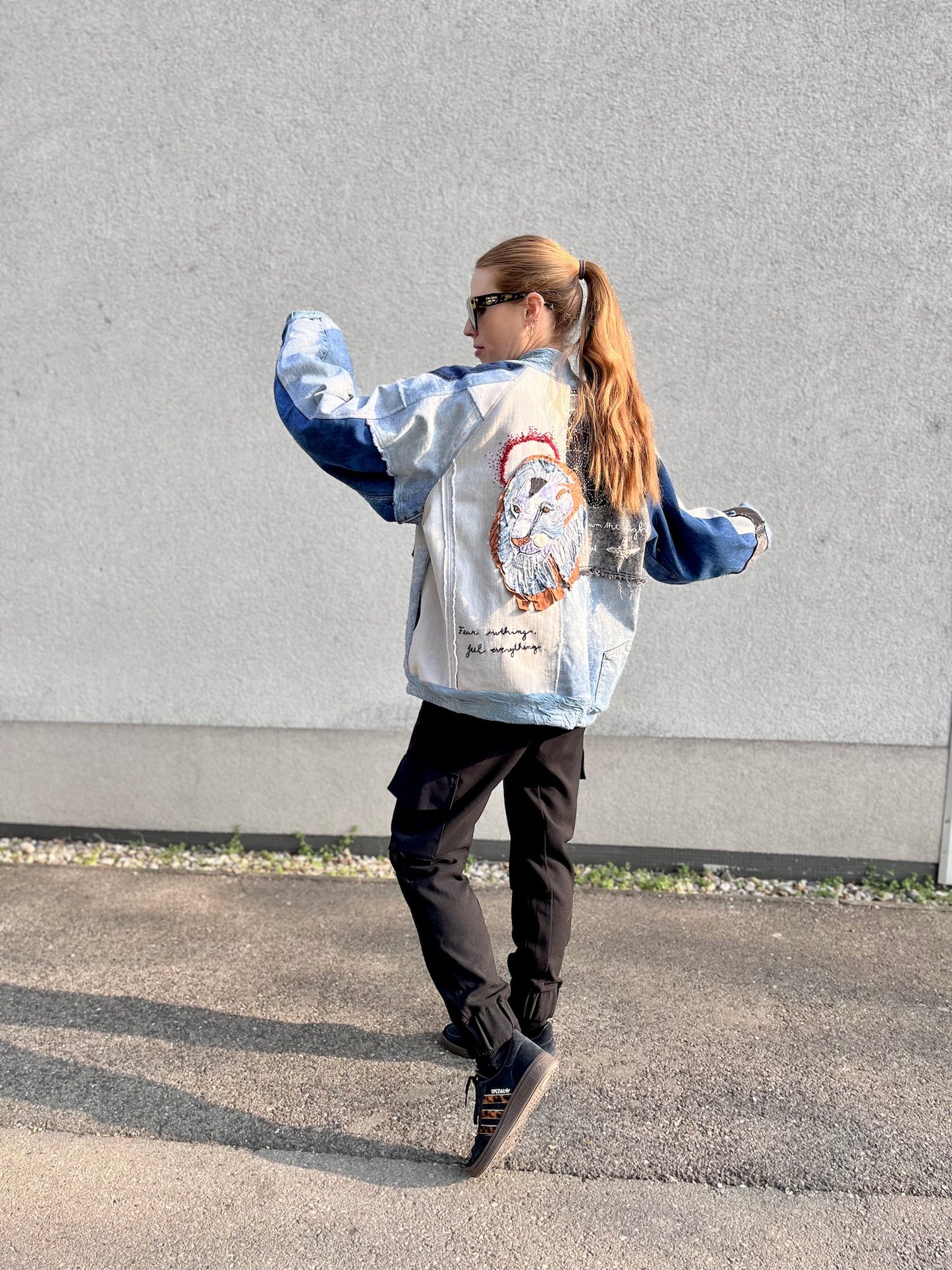 Denim Collage Art Bomber Jacket with Hand-Stitched Lion — Lined (Size M)