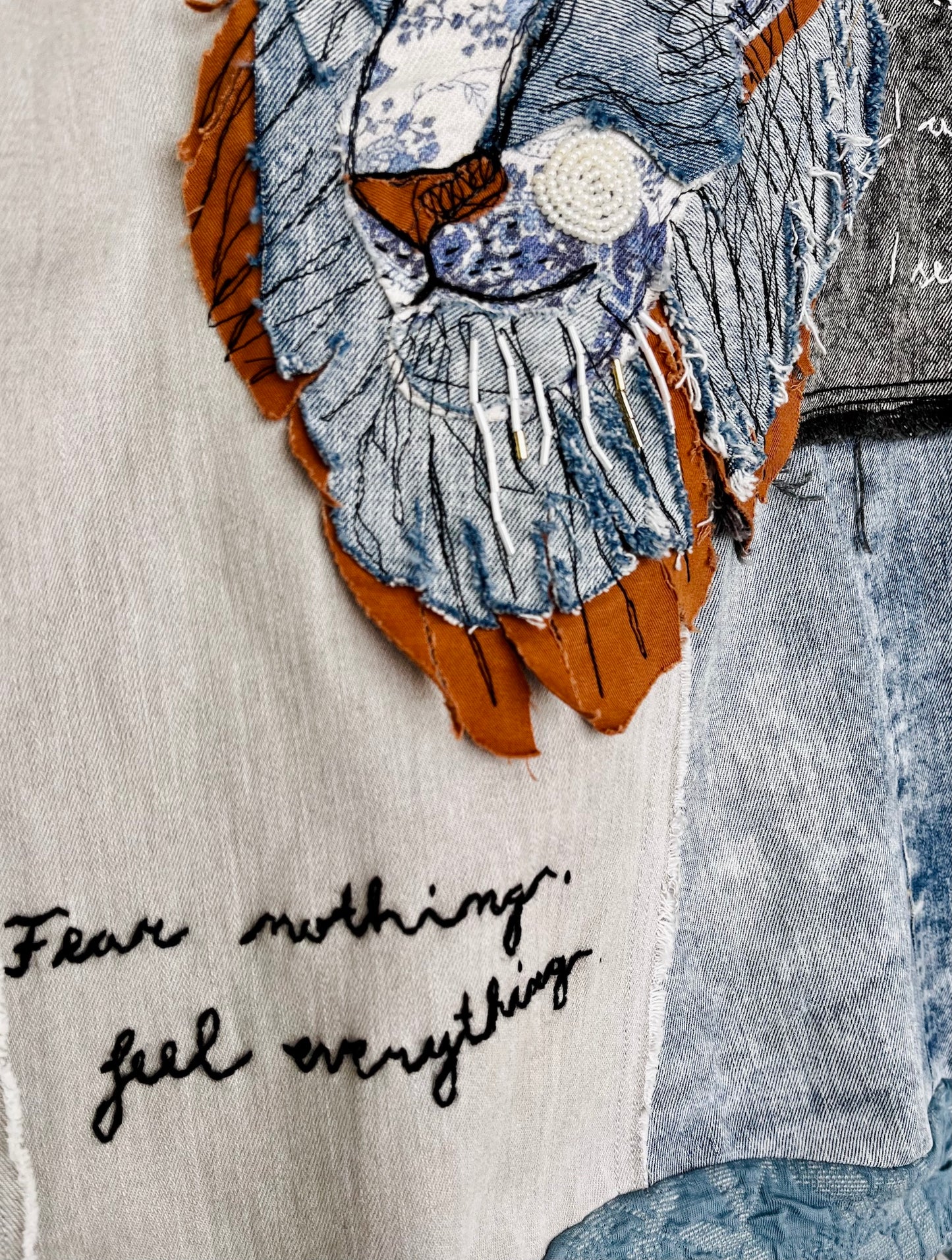 Denim Collage Art Bomber Jacket with Hand-Stitched Lion — Lined (Size M)