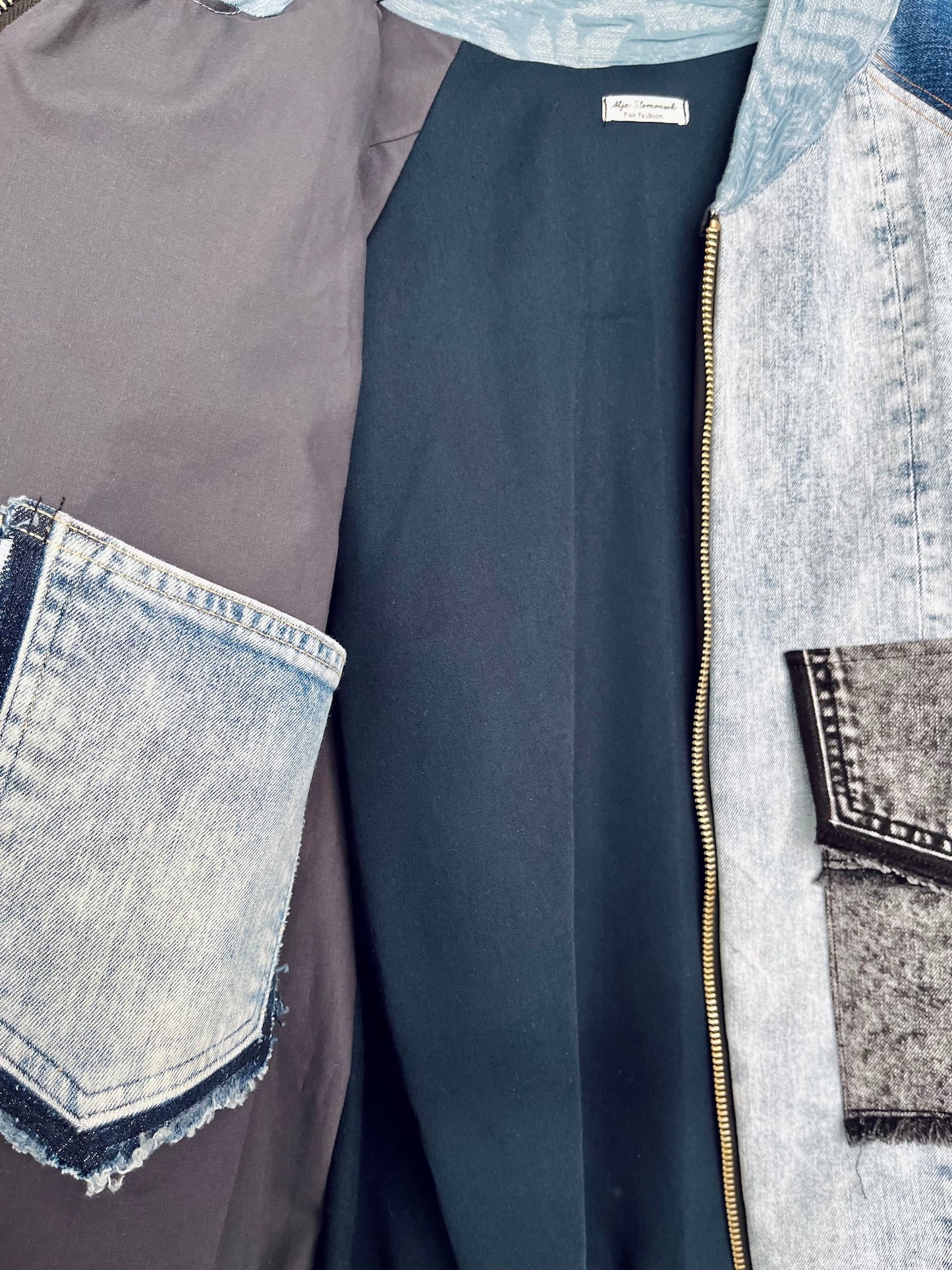 Denim Collage Art Bomber Jacket with Hand-Stitched Lion — Lined (Size M)