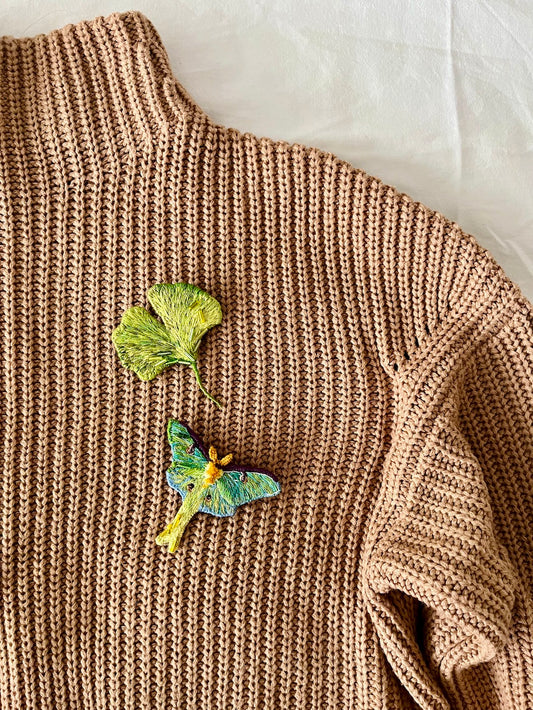 Hand-embroidered ginkgo leaf brooch with glass beads, handmade in Vienna