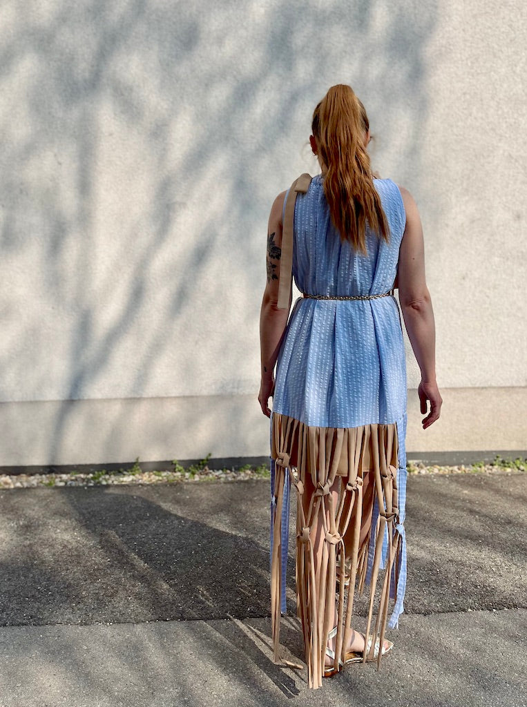 Hand-Knotted Macramé Fringe Seersucker Dress