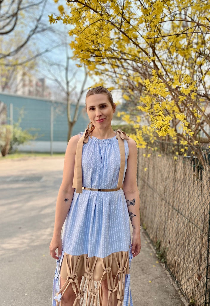 Hand-Knotted Macramé Fringe Seersucker Dress