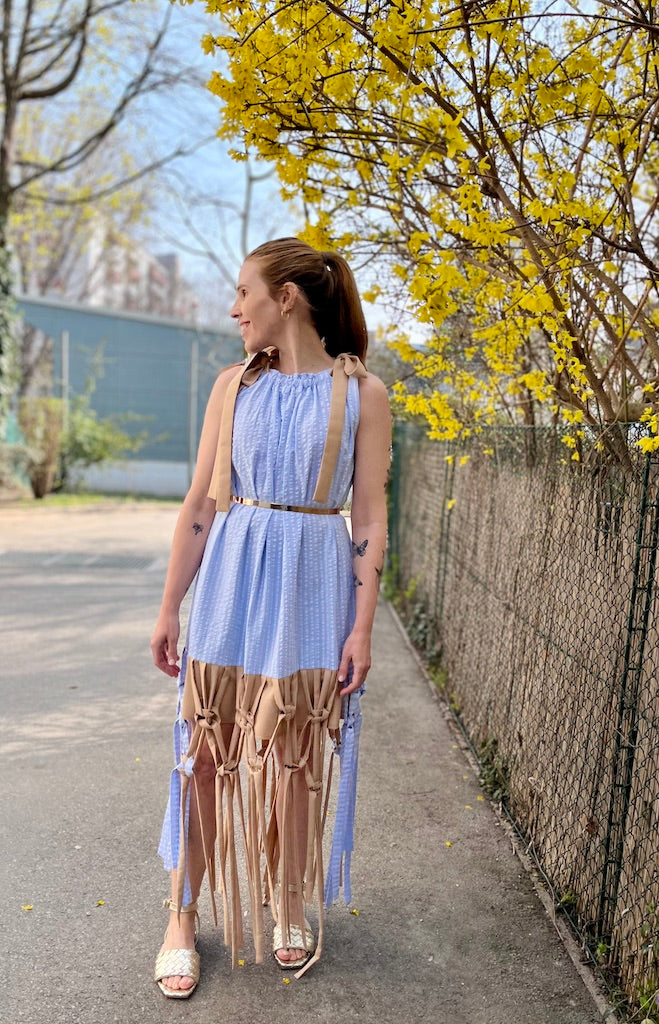 Hand-Knotted Macramé Fringe Seersucker Dress