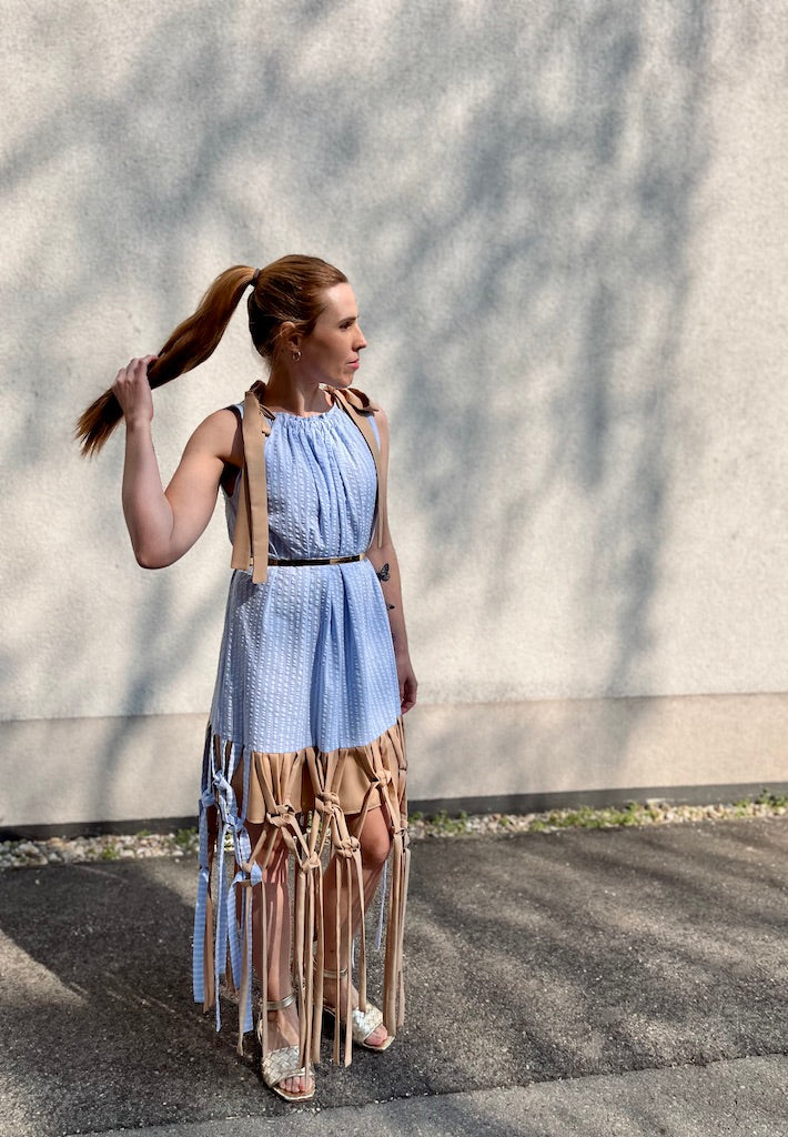 Hand-Knotted Macramé Fringe Seersucker Dress