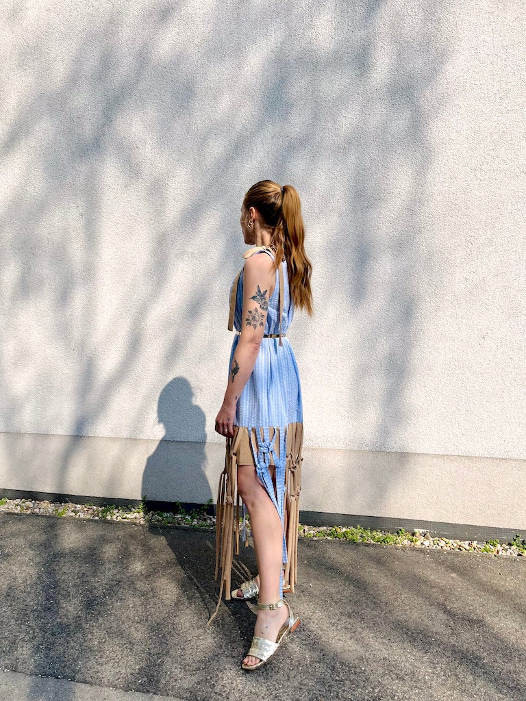 Hand-Knotted Macramé Fringe Seersucker Dress