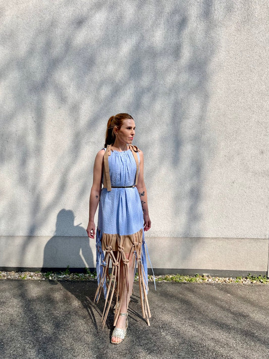 Hand-Knotted Macramé Fringe Seersucker Dress