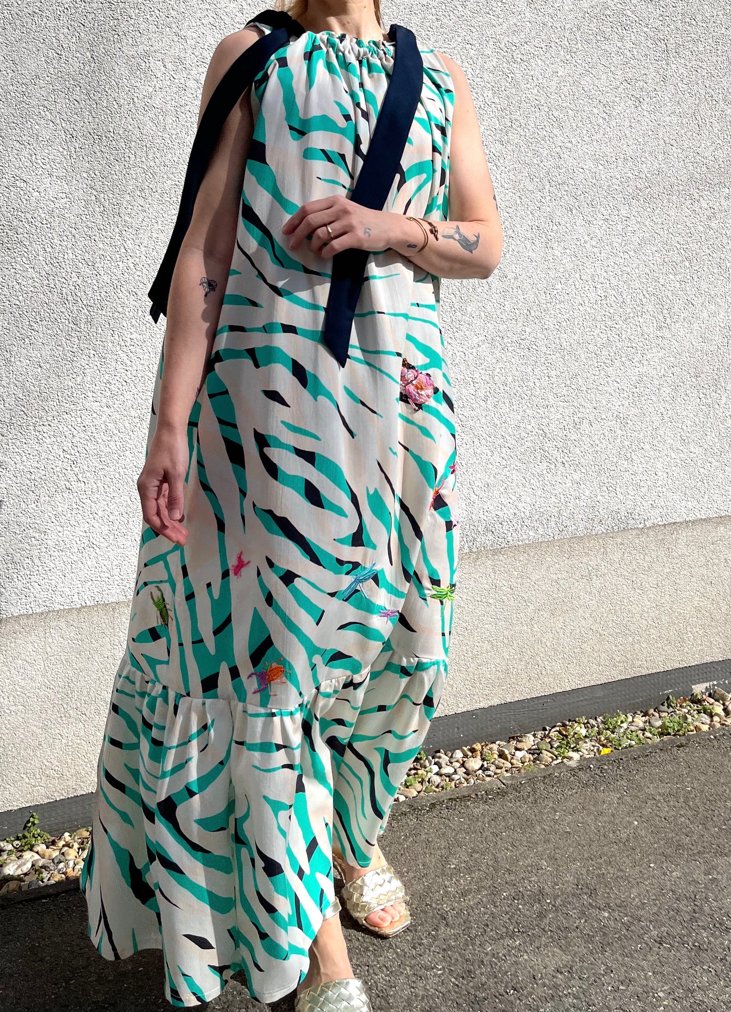 Maxi Dress with Hand-Embroidered Pink Beetle