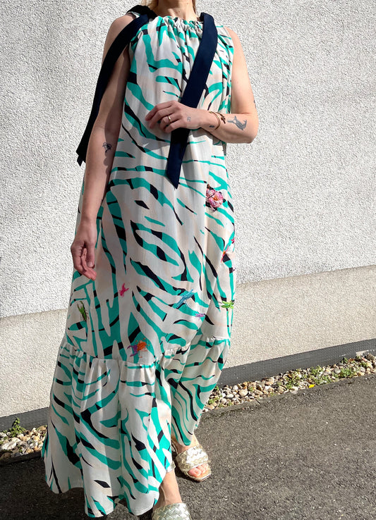 Maxi Dress with Hand-Embroidered Pink Beetle
