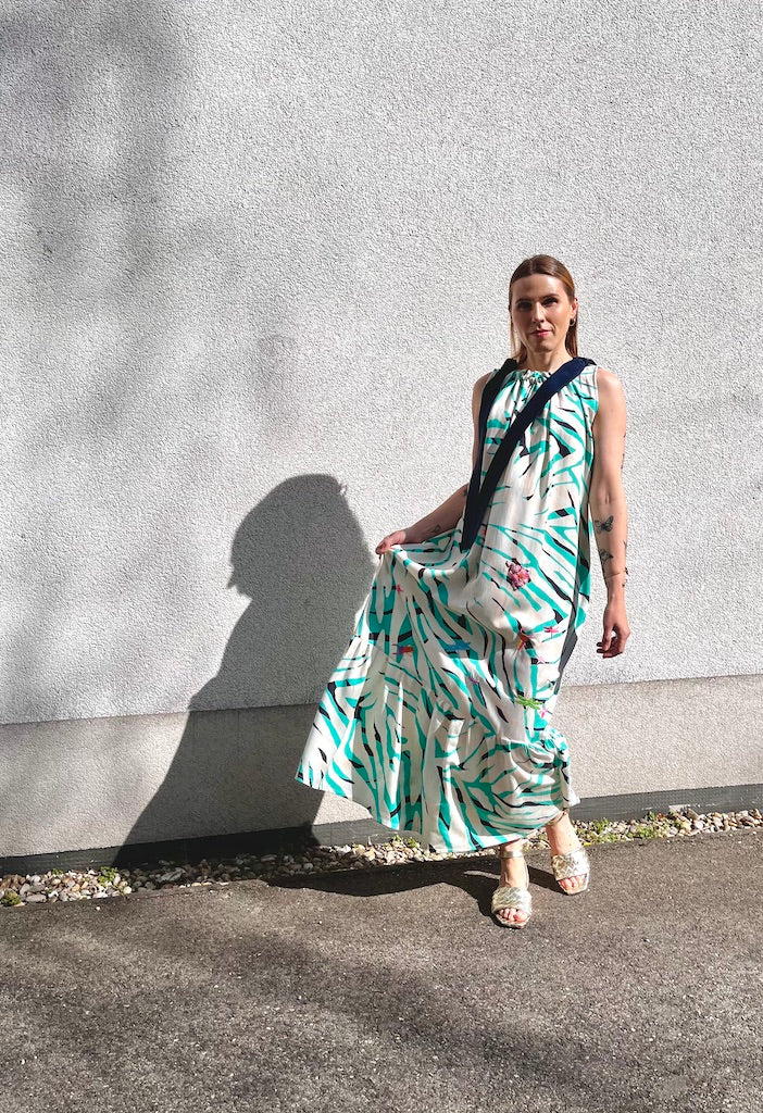 Maxi Dress with Hand-Embroidered Pink Beetle
