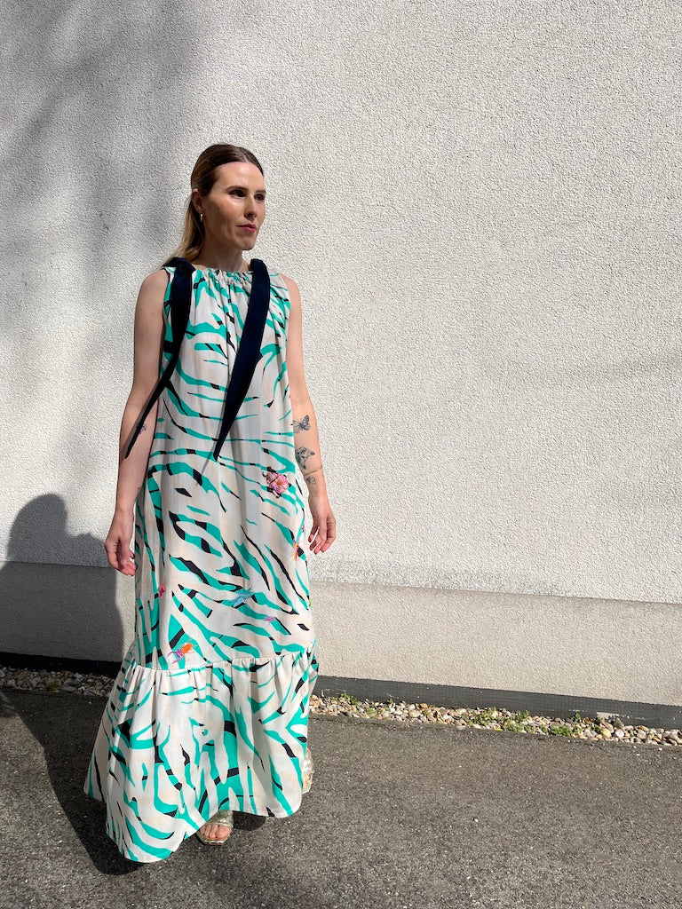 Maxi Dress with Hand-Embroidered Pink Beetle