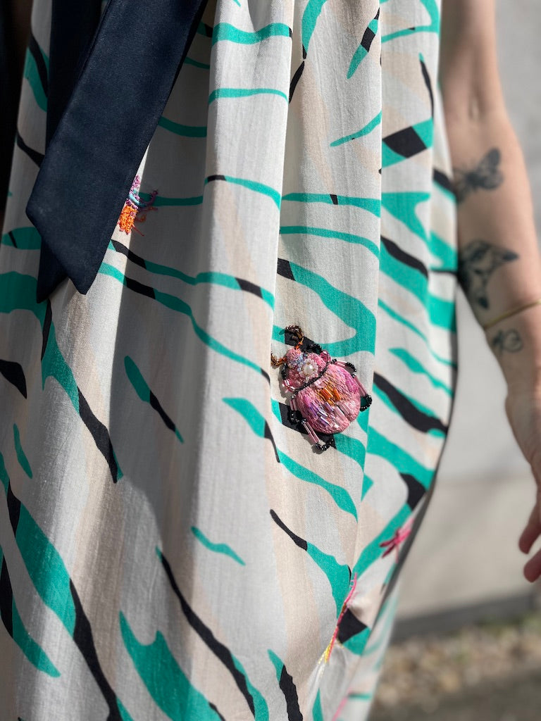 Maxi Dress with Hand-Embroidered Pink Beetle
