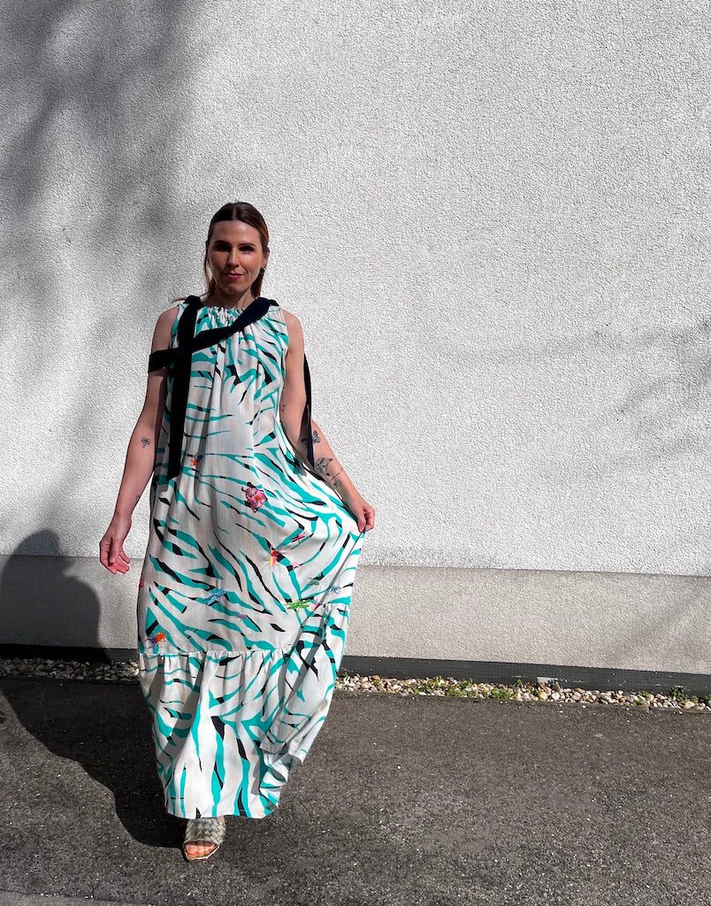 Maxi Dress with Hand-Embroidered Pink Beetle