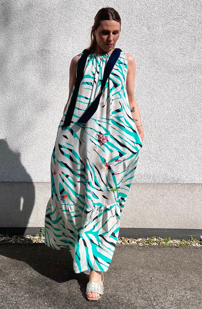 Maxi Dress with Hand-Embroidered Pink Beetle