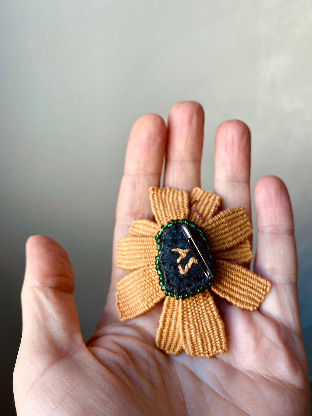 Handmade Embroidered Brooch – Sea Glass Flower (Orange)