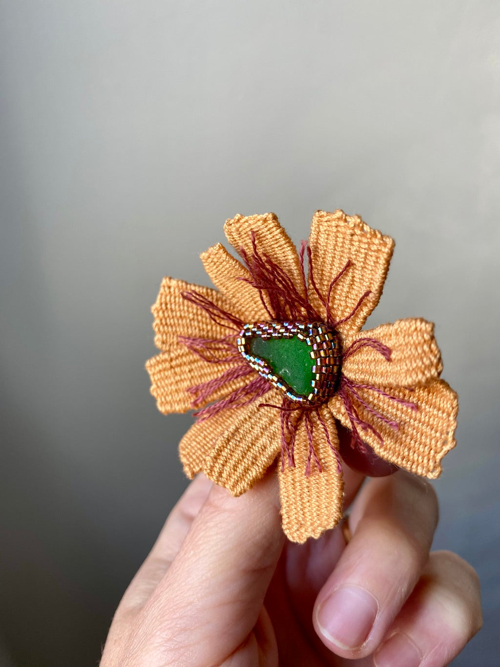 Handmade Embroidered Brooch – Sea Glass Flower (Orange)