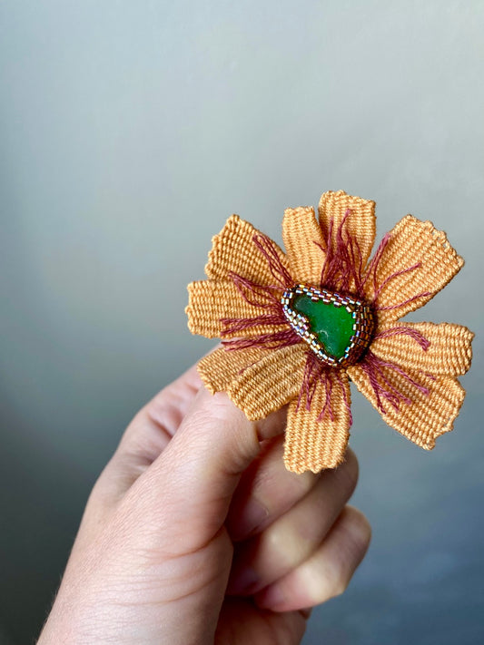 Hand-embroidered flower brooch with green sea glass and Miyuki beads, handmade in Vienna