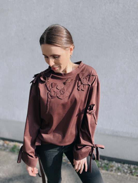Handmade Organic Cotton Sweater – Hand-Stitched Flowers (Chocolate Brown)