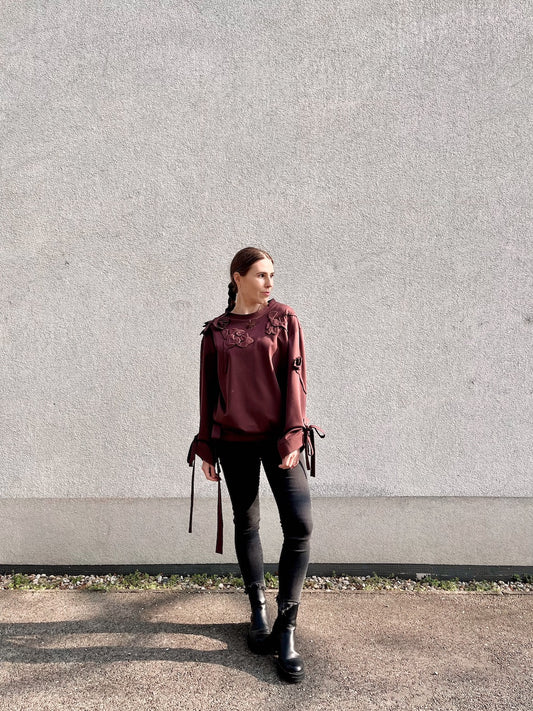 Handmade Organic Cotton Sweater – Hand-Stitched Flowers (Chocolate Brown)