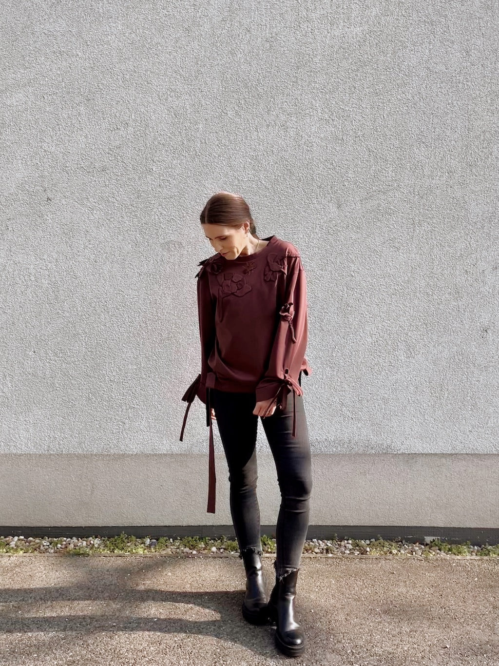 Handmade Organic Cotton Sweater – Hand-Stitched Flowers (Chocolate Brown)