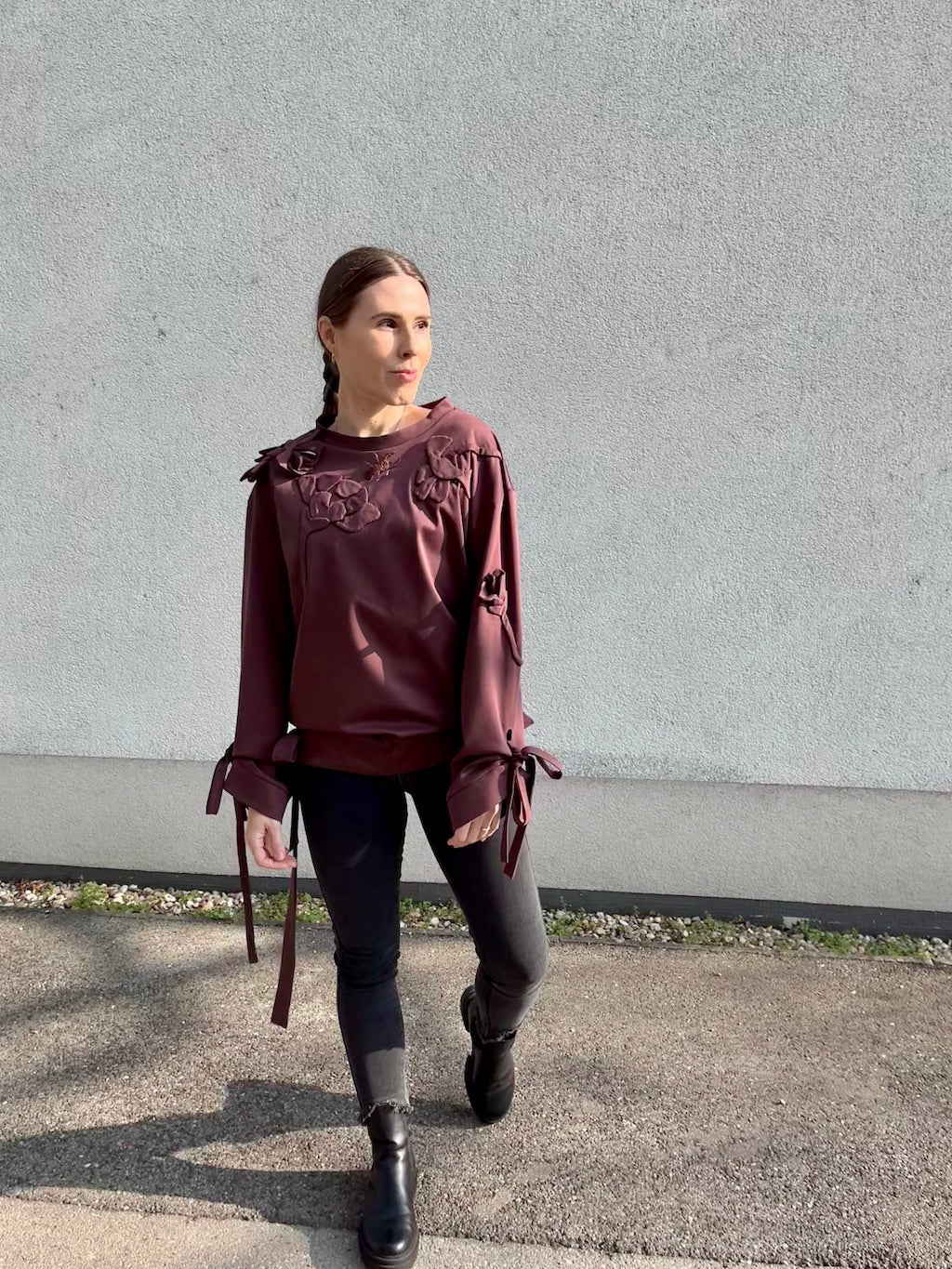 Handmade Organic Cotton Sweater – Hand-Stitched Flowers (Chocolate Brown)