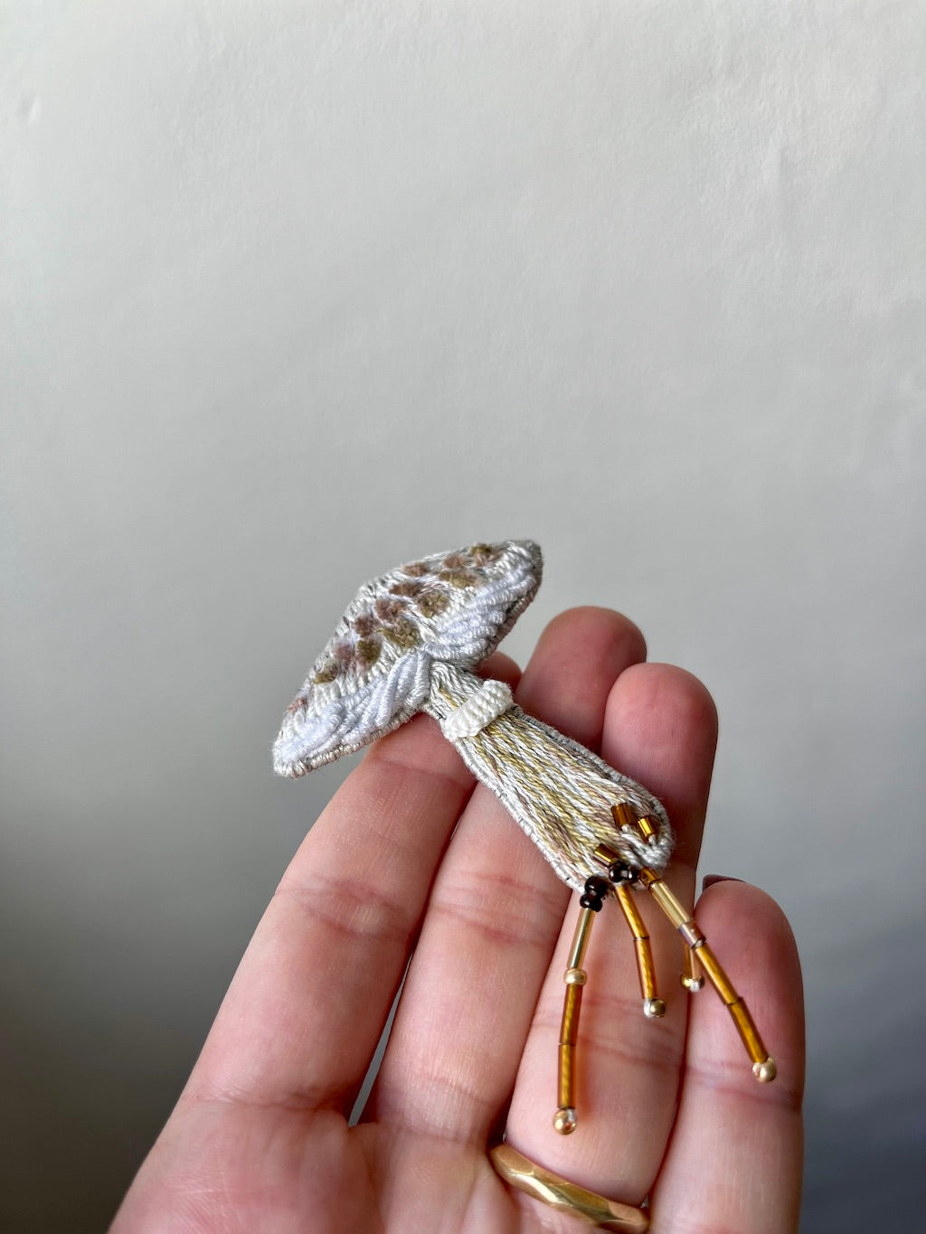 Handmade Embroidered Brooch – Parasol Mushroom
