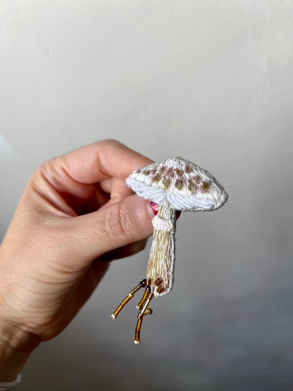 Handmade Embroidered Brooch – Parasol Mushroom