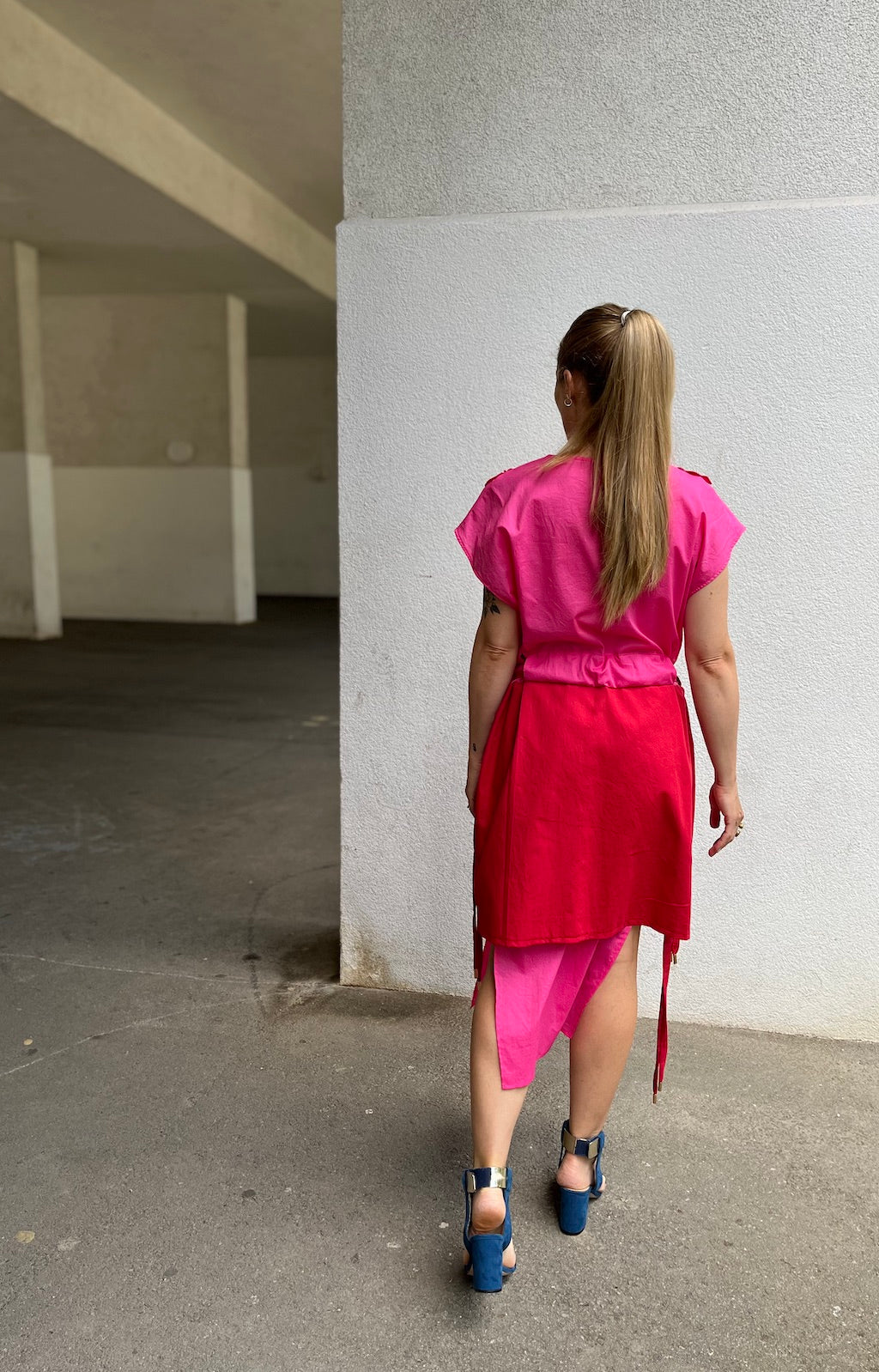 Pink & Red Rose Dress with Macramé Belt