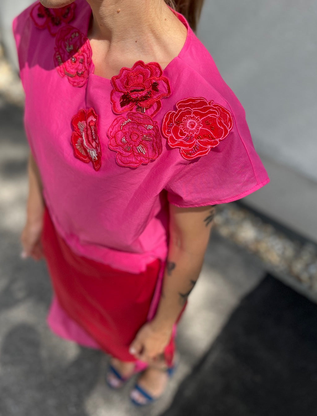 Pink & Red Rose Dress with Macramé Belt