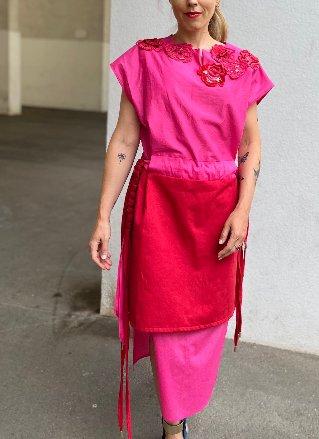 Pink & Red Rose Dress with Macramé Belt
