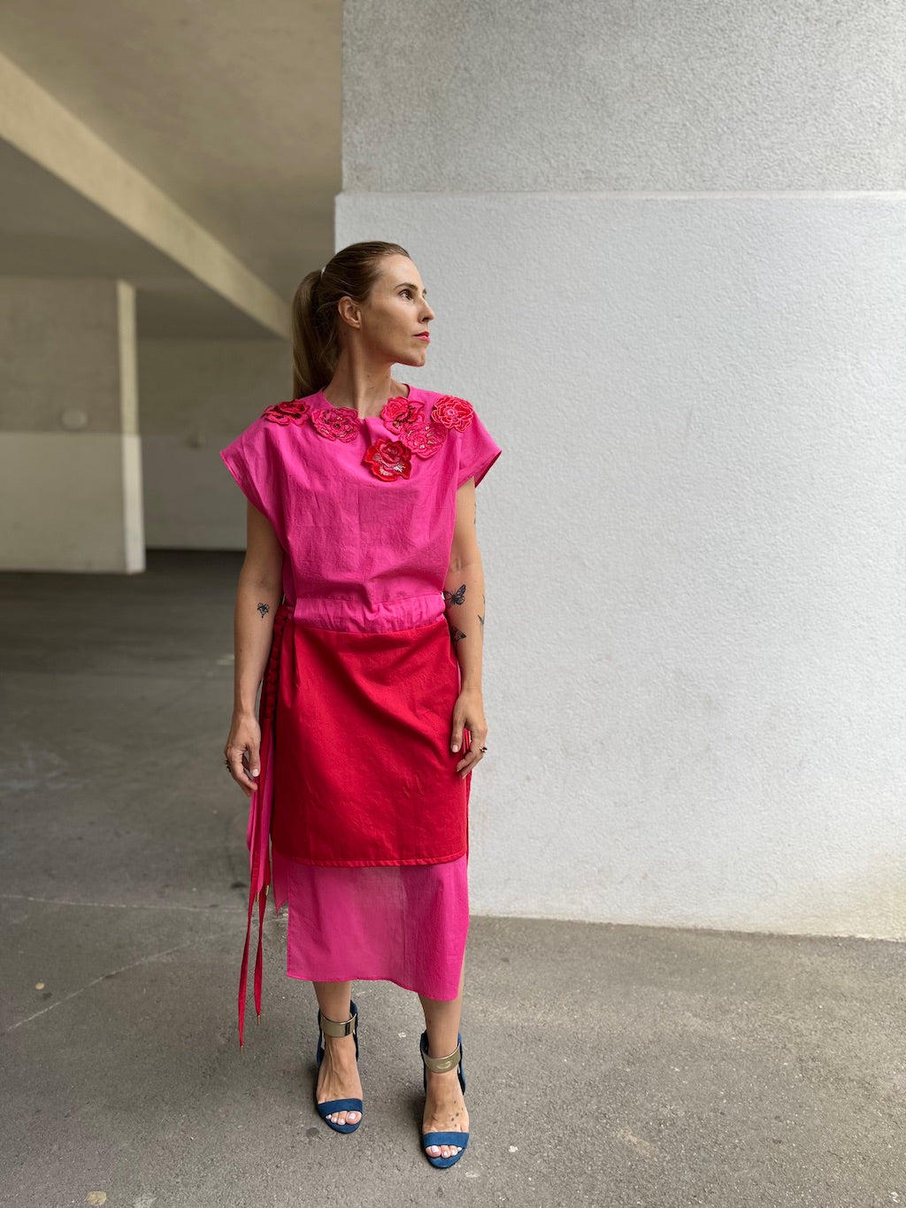 Pink & Red Rose Dress with Macramé Belt