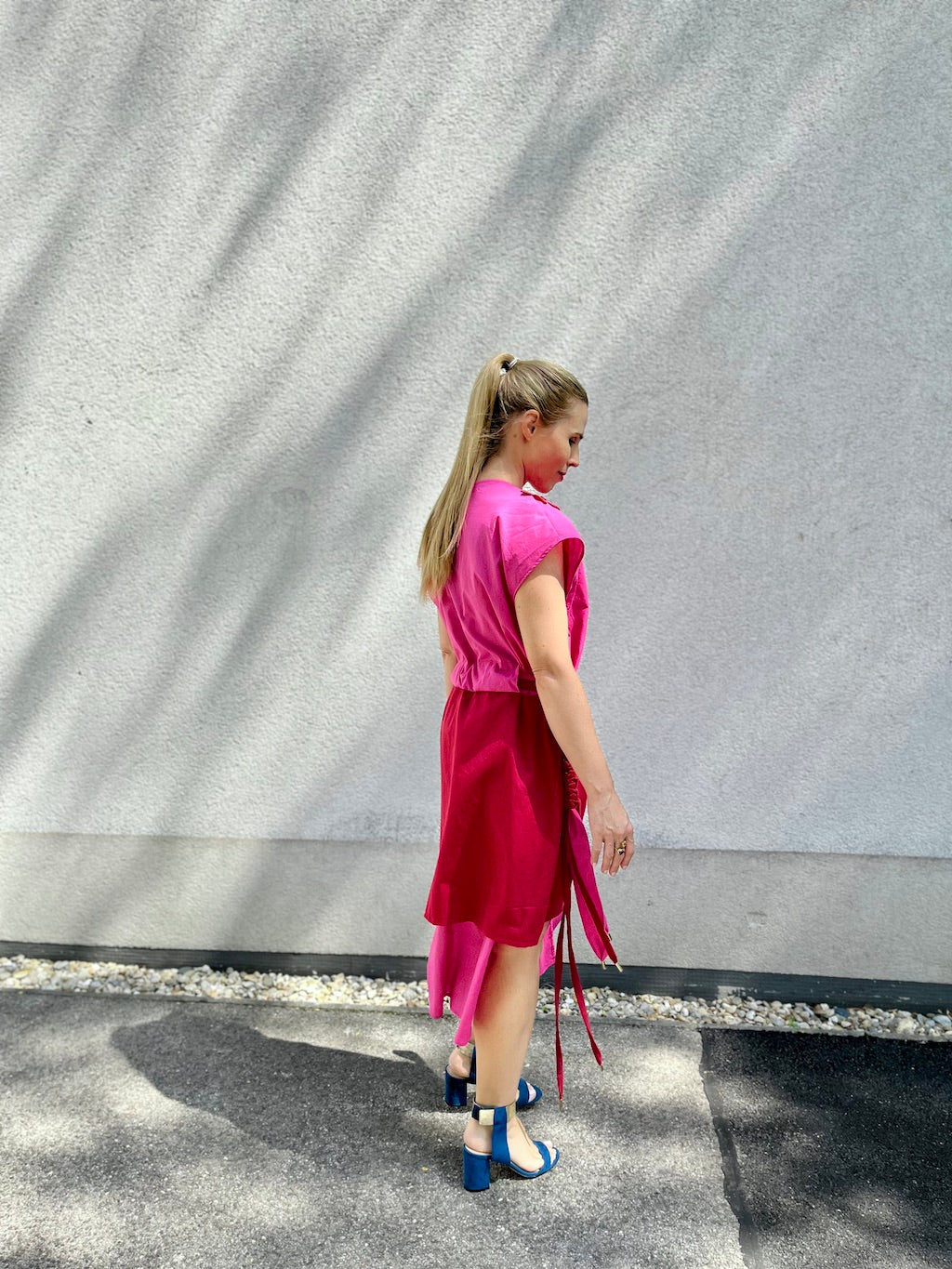 Pink & Red Rose Dress with Macramé Belt