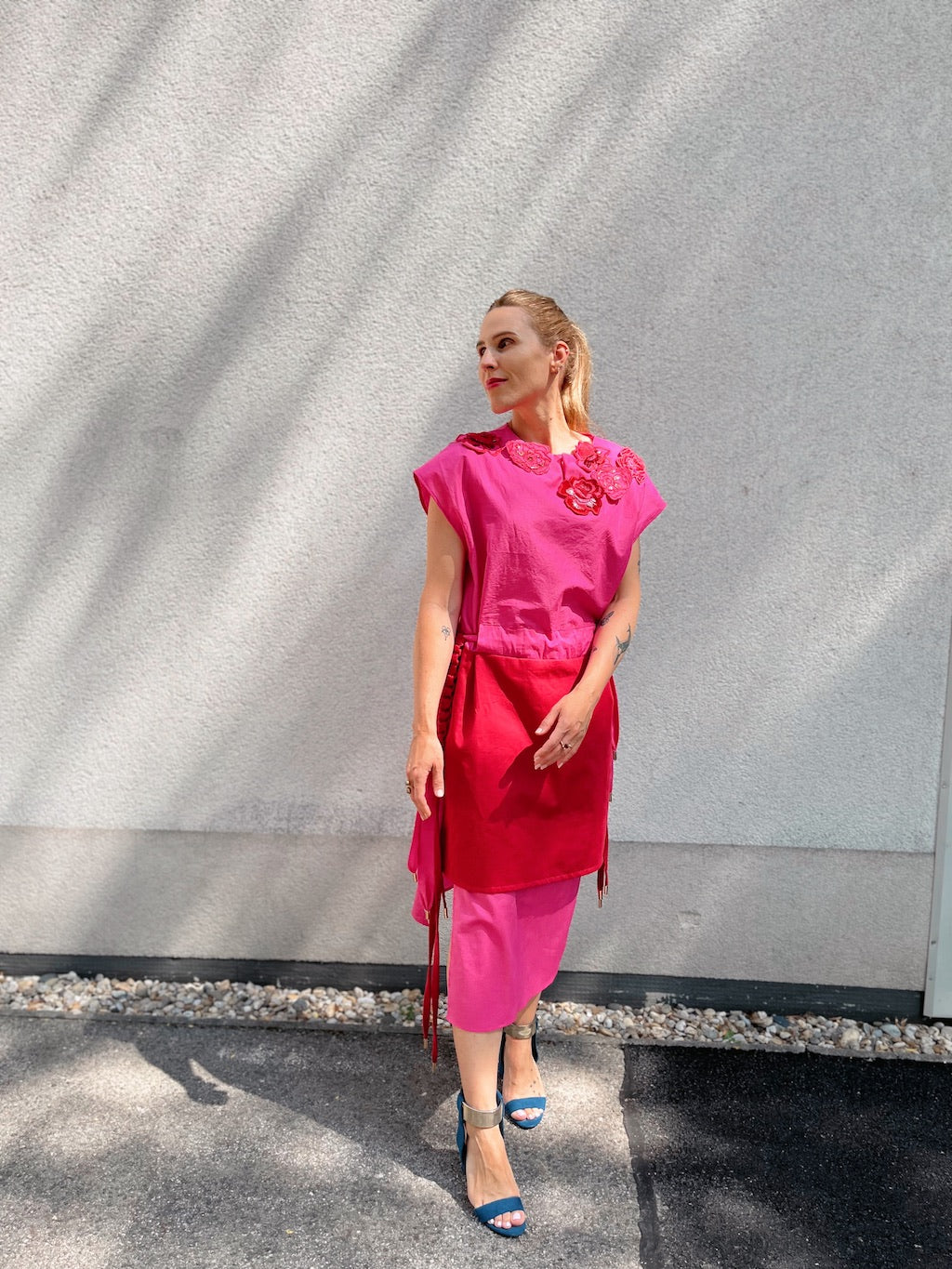 Pink & Red Rose Dress with Macramé Belt