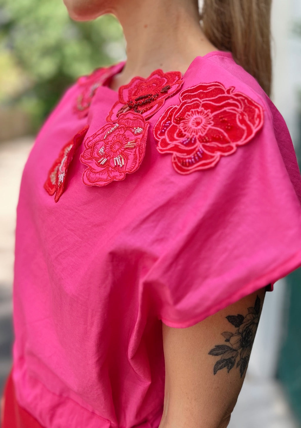 Pink & Red Rose Dress with Macramé Belt
