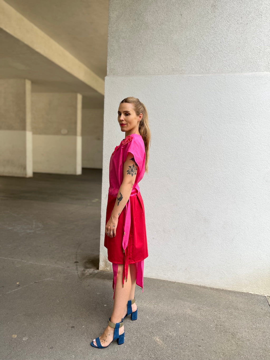 Pink & Red Rose Dress with Macramé Belt