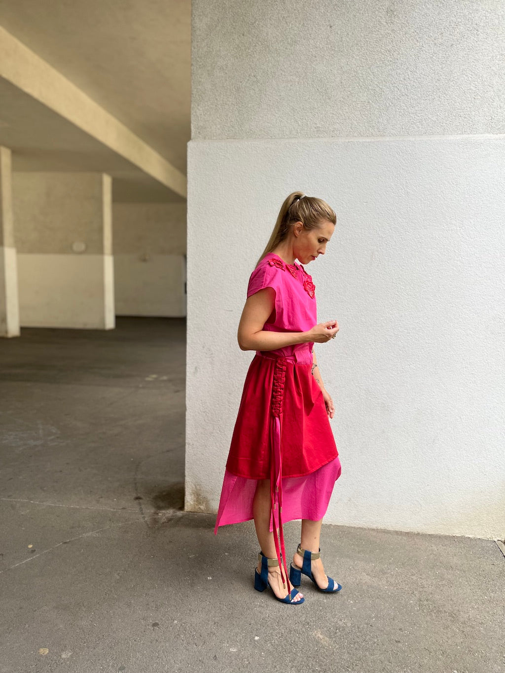 Pink & Red Rose Dress with Macramé Belt