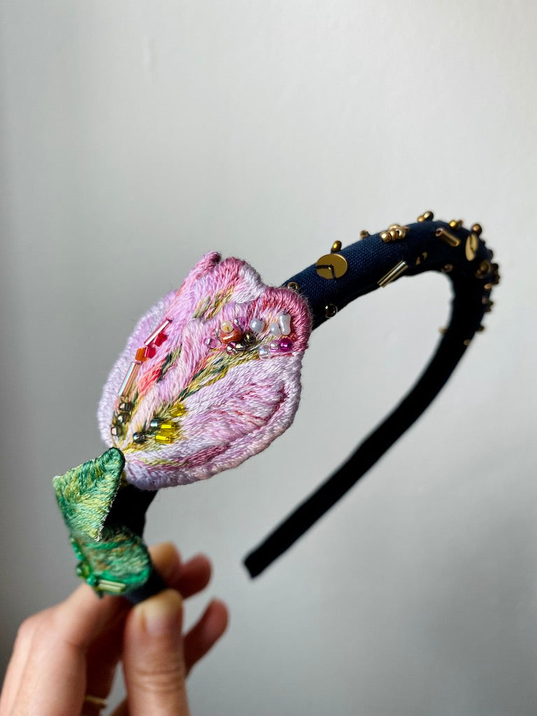 Handmade Embroidered Headband – Pink Tulip
