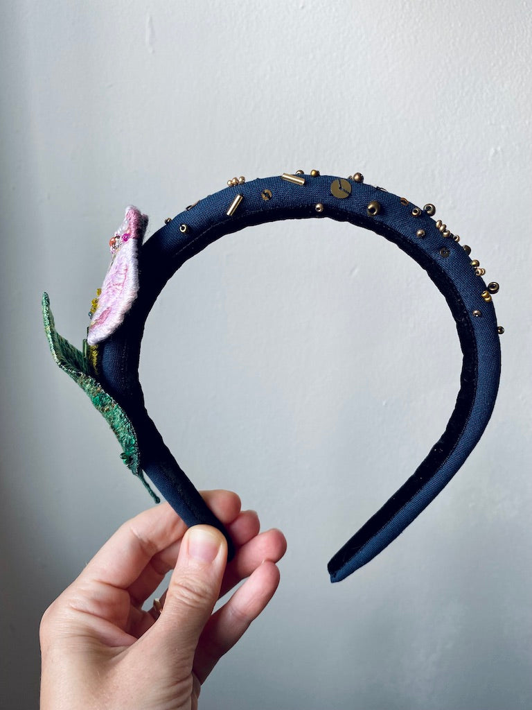 Handmade Embroidered Headband – Pink Tulip