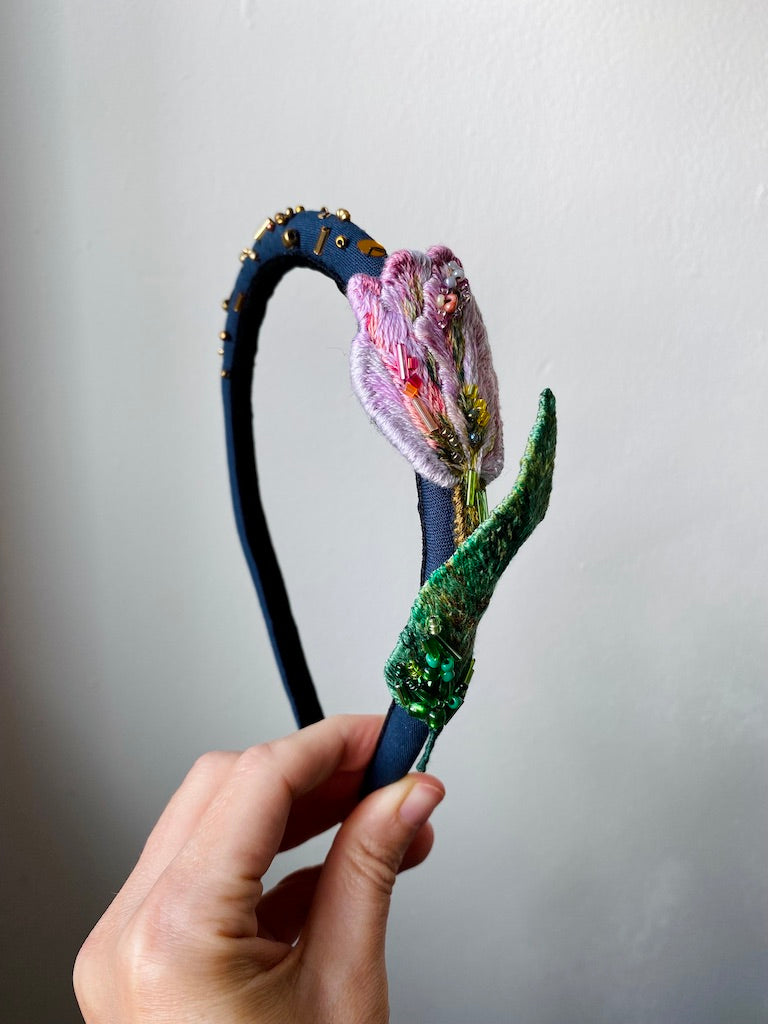 Handmade Embroidered Headband – Pink Tulip