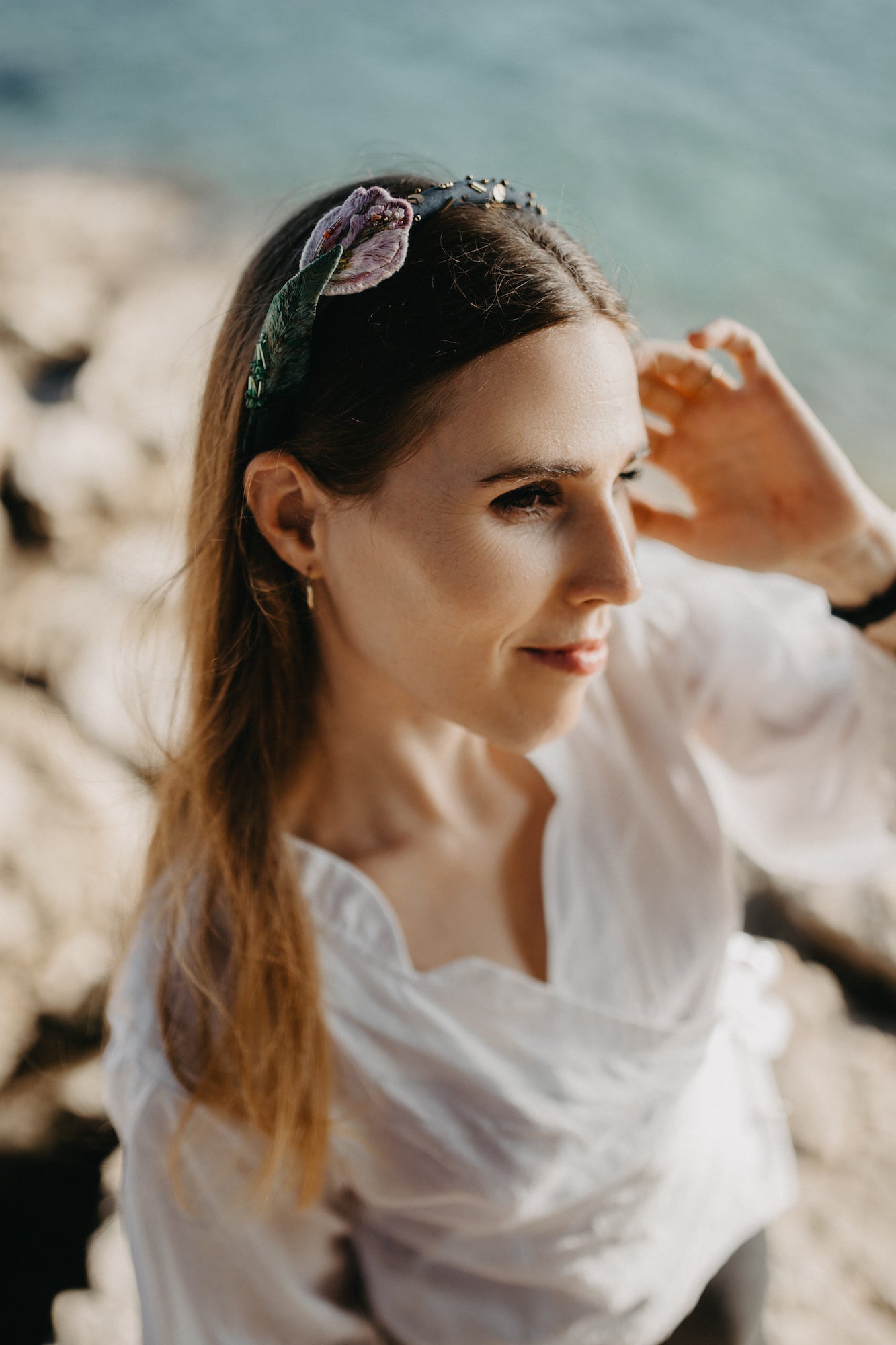 Handmade Embroidered Headband – Pink Tulip