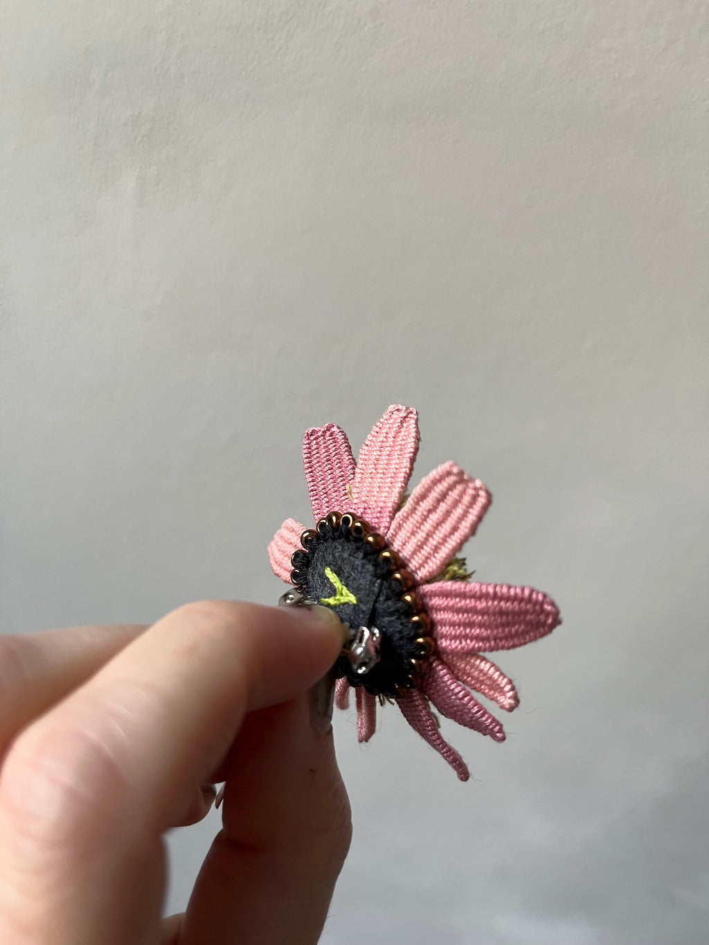 Handmade Embroidered Brooch – Flower Eye in Orange with Grey Beads