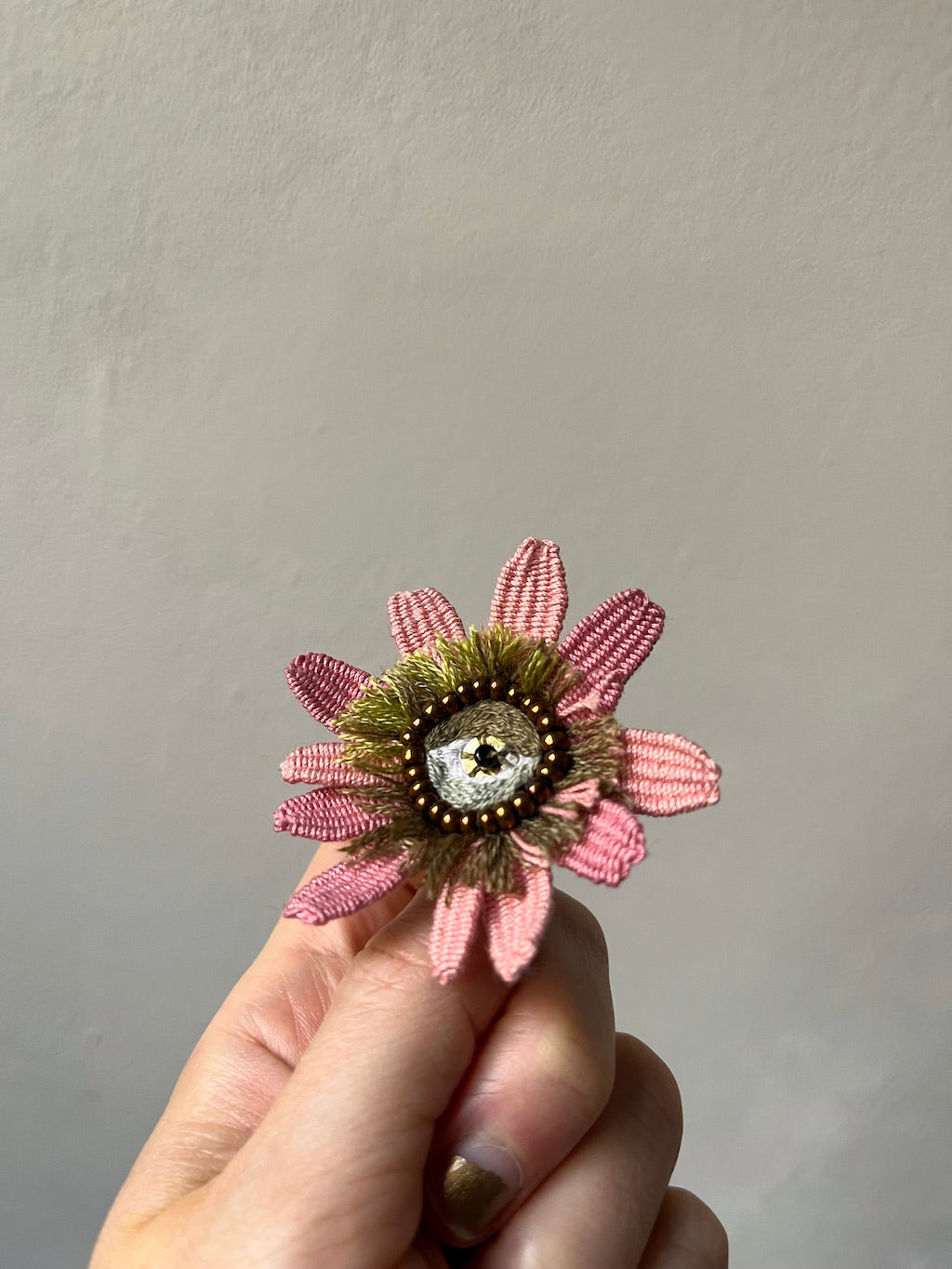 Handmade Embroidered Brooch – Flower Eye in Orange with Grey Beads