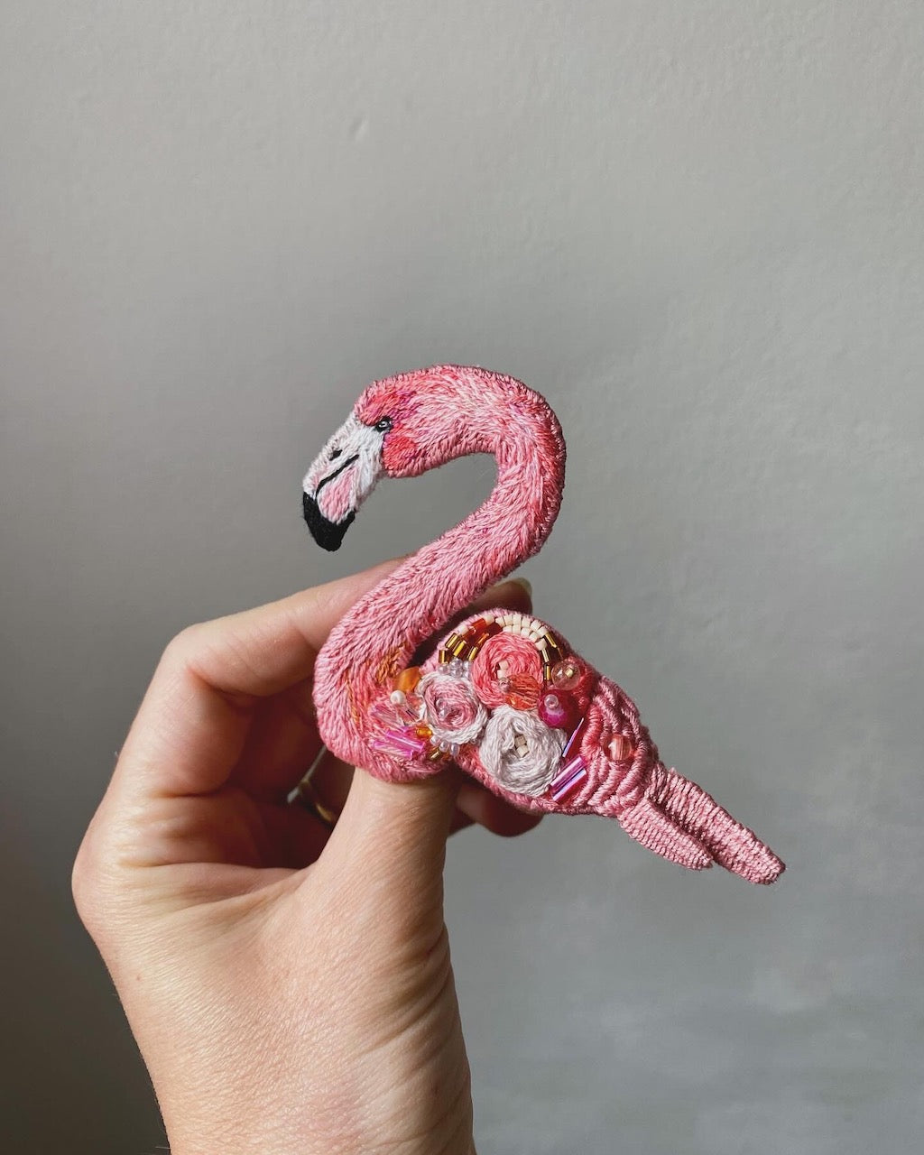 Handmade Embroidered Brooch – Pink Flamingo