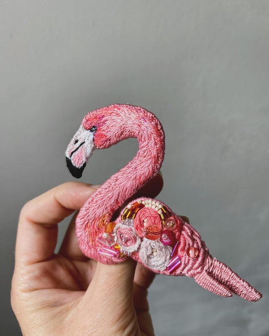 Handmade Embroidered Brooch – Pink Flamingo